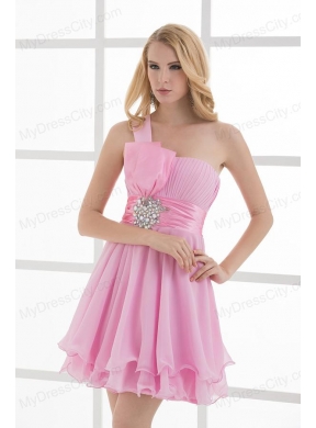 One Shoulder A-line Beading and Ruching Chiffon Prom Dress