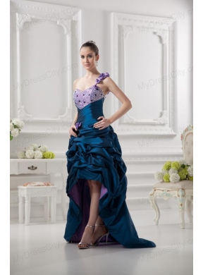 One Shoulder Sweetheart Pick-ups Beading Navy Blue Prom Dress