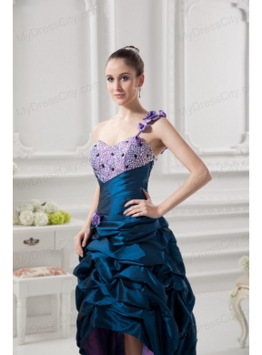 One Shoulder Sweetheart Pick-ups Beading Navy Blue Prom Dress