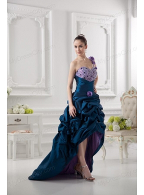 One Shoulder Sweetheart Pick-ups Beading Navy Blue Prom Dress