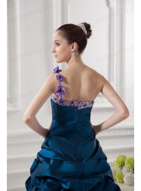 One Shoulder Sweetheart Pick-ups Beading Navy Blue Prom Dress