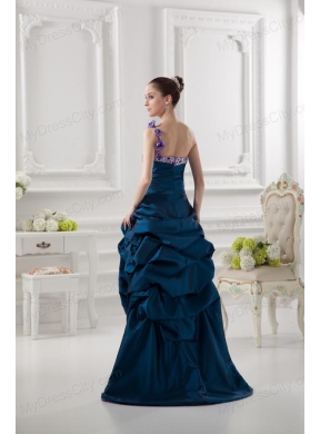 One Shoulder Sweetheart Pick-ups Beading Navy Blue Prom Dress