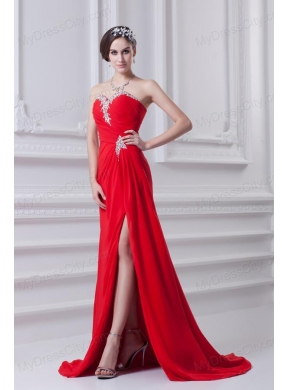 Red Sweetheart High Slit and Beading Prom Dress with Brush Train