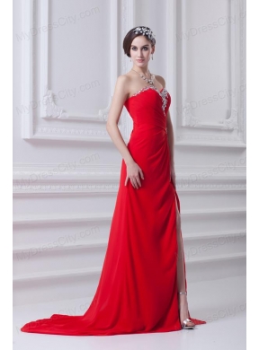 Red Sweetheart High Slit and Beading Prom Dress with Brush Train