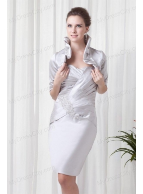 Silver Column Sweetheart Short Prom Dress with Beading and Ruching