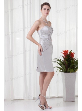 Silver Column Sweetheart Short Prom Dress with Beading and Ruching