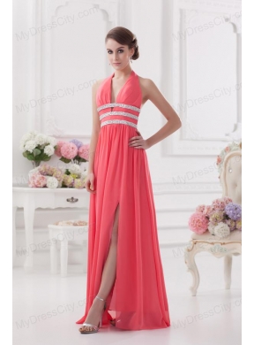 Watermelon Halter top High Slit Chiffon Prom Dress with Beading