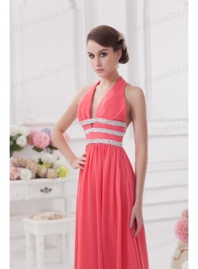 Watermelon Halter top High Slit Chiffon Prom Dress with Beading