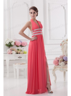 Watermelon Halter top High Slit Chiffon Prom Dress with Beading