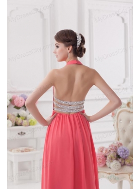 Watermelon Halter top High Slit Chiffon Prom Dress with Beading