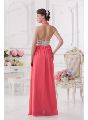 Watermelon Halter top High Slit Chiffon Prom Dress with Beading