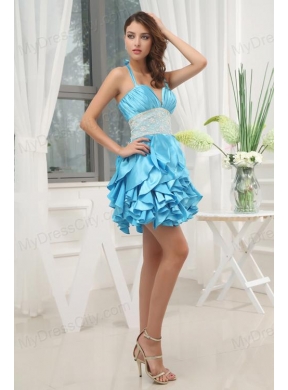 A-line Aqua Blue Halter Top Ruching Ruffles Lace Prom Dress