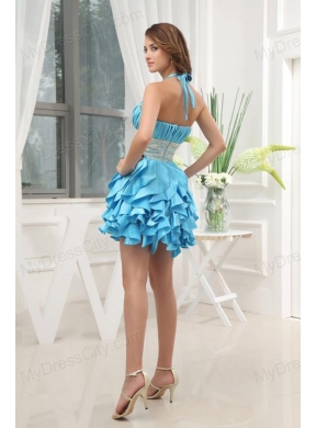 A-line Aqua Blue Halter Top Ruching Ruffles Lace Prom Dress