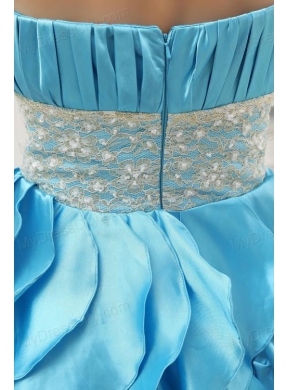 A-line Aqua Blue Halter Top Ruching Ruffles Lace Prom Dress