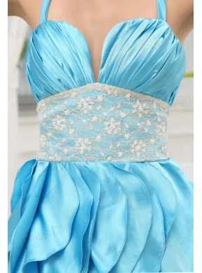 A-line Aqua Blue Halter Top Ruching Ruffles Lace Prom Dress