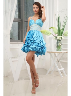 A-line Aqua Blue Halter Top Ruching Ruffles Lace Prom Dress