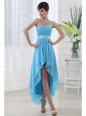 A-line Baby Blue Chiffon High-low Sweatheart Dress Prom with Belt