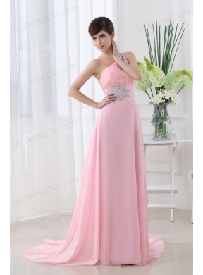 Baby Pink One Shoulder Court Train Chiffon Prom Dress with Beading and Ruching