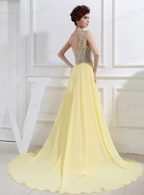 Empire Court Train Yellow Beading One Shoulder Prom Dress