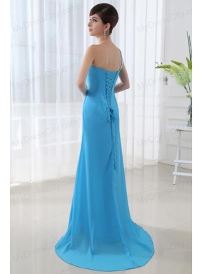 Empire High Slit Prom Dress with Ruchings and Beading One Shoulder Aqua Bue