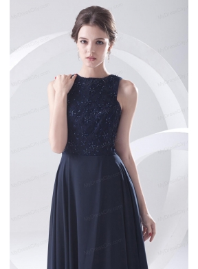 2014 Navy Blue Prom Dress with Lace Bateau Black Empire Chiffon