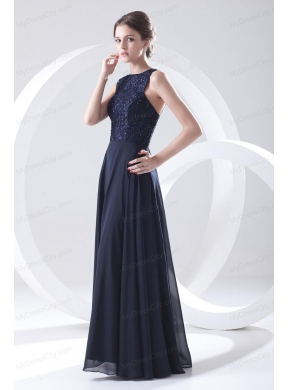 2014 Navy Blue Prom Dress with Lace Bateau Black Empire Chiffon