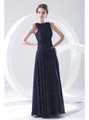 2014 Navy Blue Prom Dress with Lace Bateau Black Empire Chiffon