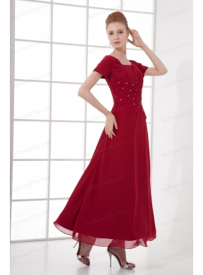 A-line Burgundy Ankle-Length Chiffon Beading and Ruching Prom Dress