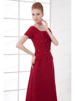 A-line Burgundy Ankle-Length Chiffon Beading and Ruching Prom Dress