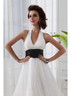 A-line Chiffon White Haltor Top Knee-length Hand Made Flower Prom Dress