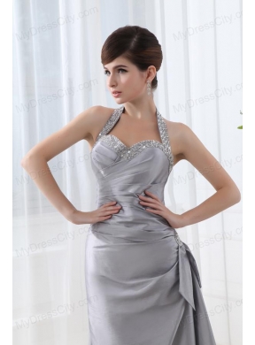 A-line Halter Top Silver Prom Dress with Beading and Ruching