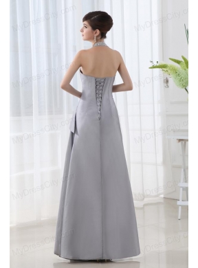 A-line Halter Top Silver Prom Dress with Beading and Ruching