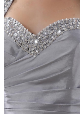 A-line Halter Top Silver Prom Dress with Beading and Ruching