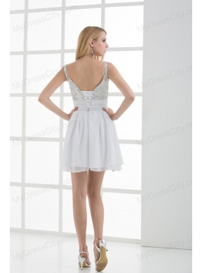 A-line Straps White Sleeveless Beading and Ruching  Prom Dress