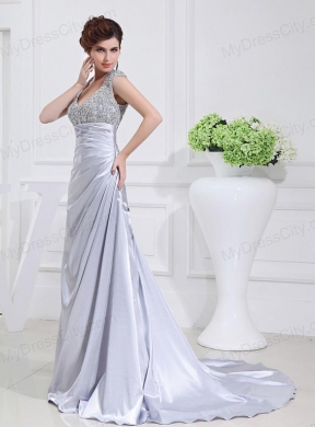 Column Square Court Train Appliques Beading Taffeta White Prom Dress