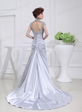 Column Square Court Train Appliques Beading Taffeta White Prom Dress