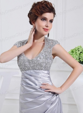 Column Square Court Train Appliques Beading Taffeta White Prom Dress