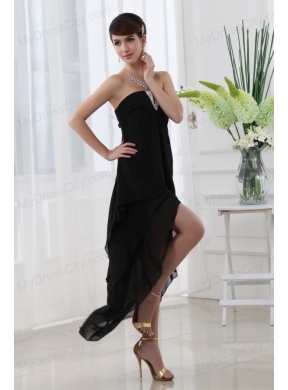 Empire Black Prom Dress with Strapless Ruffled Layers High-low Chiffon