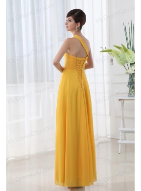 Empire Gold One Shoulder Beading and Ruching Chiffon Prom Dress