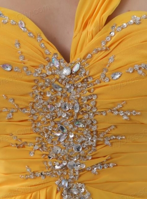 Empire Gold One Shoulder Beading and Ruching Chiffon Prom Dress