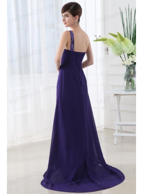 Empire One Shoulder Brush Train Appliques Purple Prom Dress