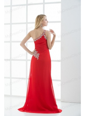 Empire One Shoulder Prom Dress with Beading and Ruching