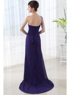 Empire Prom Dress with Ruchings and Beading One Shoulder High Spilt Purple