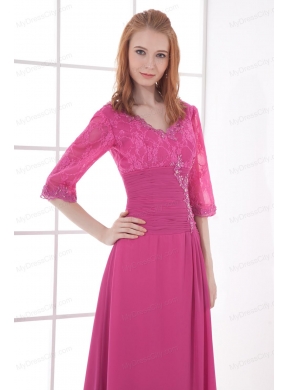 Empire V-neck Half sleevess Lace Pink Prom Dress