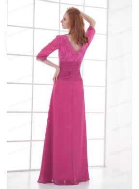 Empire V-neck Half sleevess Lace Pink Prom Dress