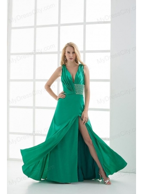 Empire V-neck Sleeveless Ruching High Slit Prom Dress