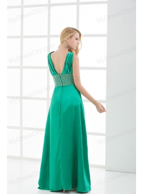 Empire V-neck Sleeveless Ruching High Slit Prom Dress