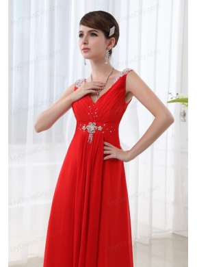 Red V-neck Beading and Ruching Floor-length Chiffon Prom Dress