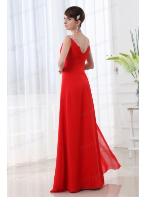 Red V-neck Beading and Ruching Floor-length Chiffon Prom Dress