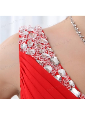 Red V-neck Beading and Ruching Floor-length Chiffon Prom Dress